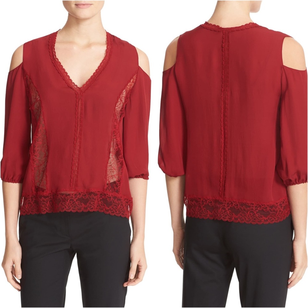 Alice + Olivia Farah Lace Silk Cold Shoulder Top - Picture 1 of 8